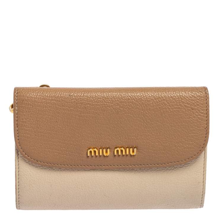 Pre Owned Miu Miu Two Tone Beige Leather Madras Compact Wallet