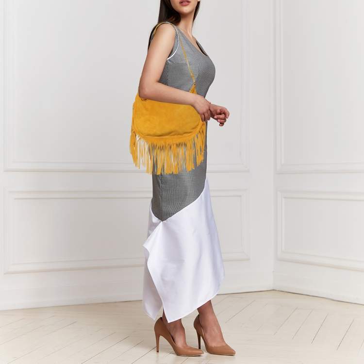 Pre Owned Miu Miu Yellow Suede Fringe Hobo