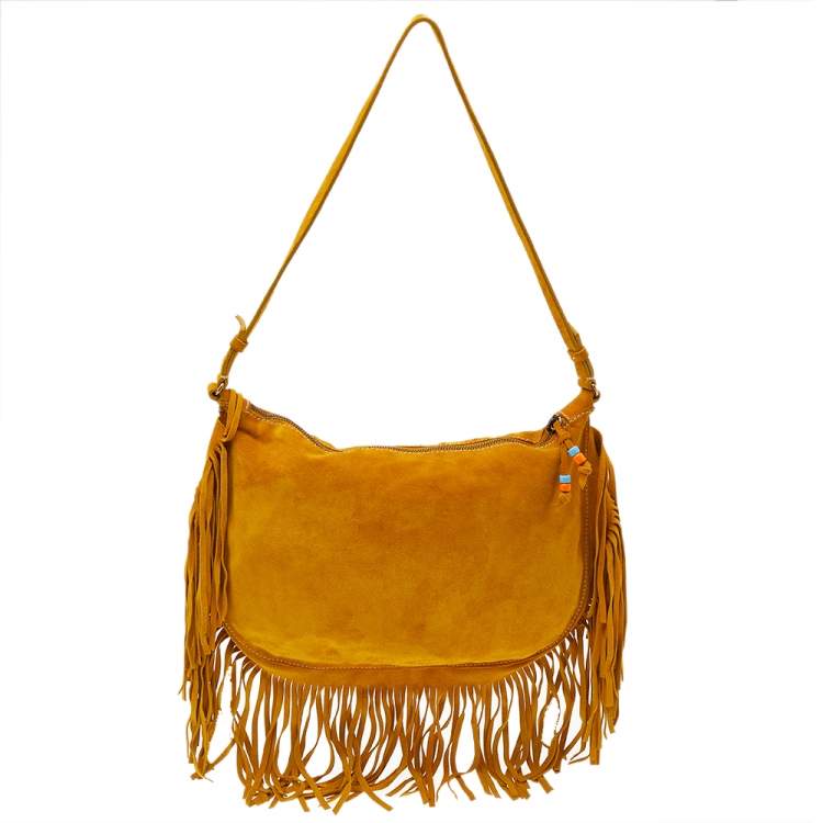 Pre Owned Miu Miu Yellow Suede Fringe Hobo