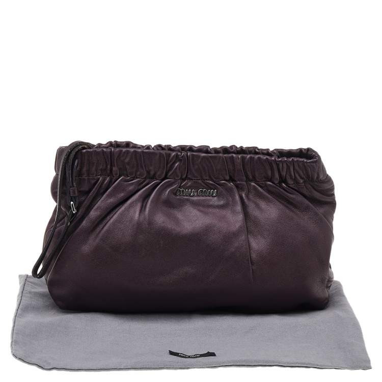 Pre Owned Miu Miu Dark Purple Leather Wristlet Zip Pouch