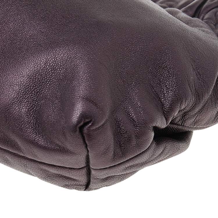 Pre Owned Miu Miu Dark Purple Leather Wristlet Zip Pouch