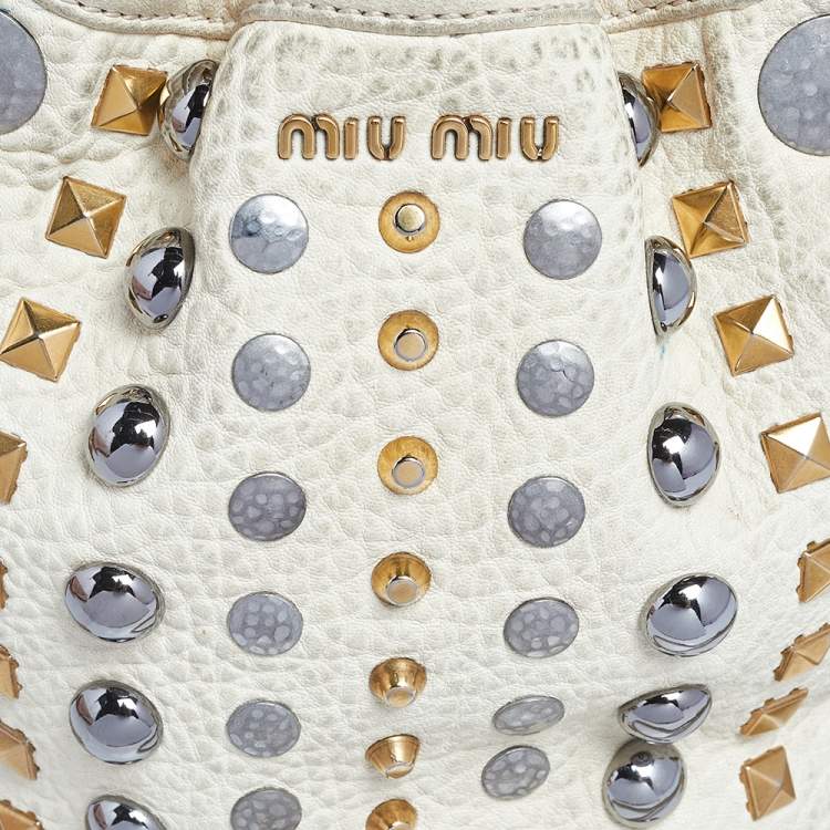 Pre Owned Miu Miu Off White Leather Studded Drawstring Bucket Bag