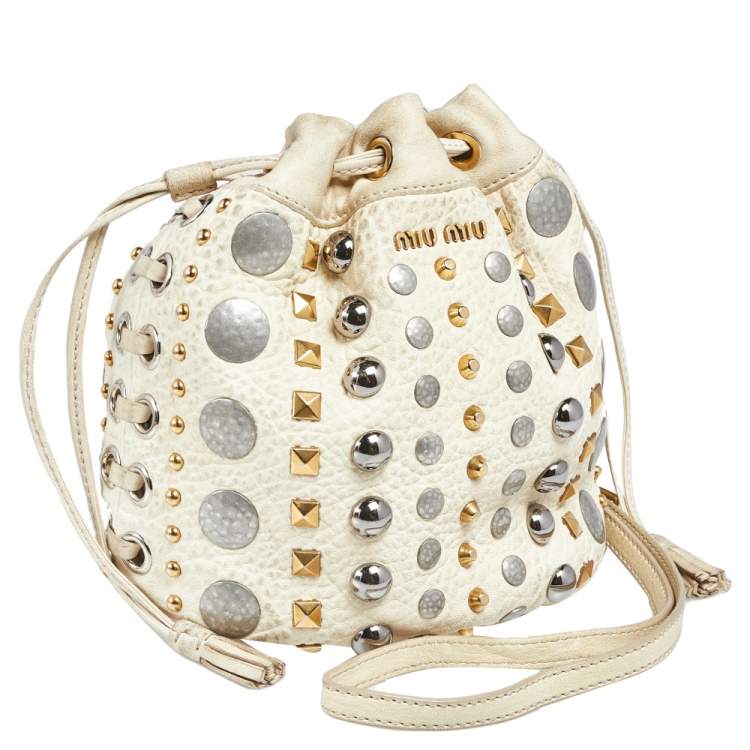 Pre Owned Miu Miu Off White Leather Studded Drawstring Bucket Bag