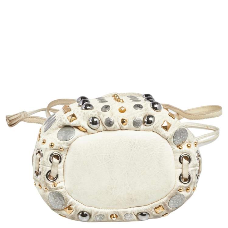 Pre Owned Miu Miu Off White Leather Studded Drawstring Bucket Bag