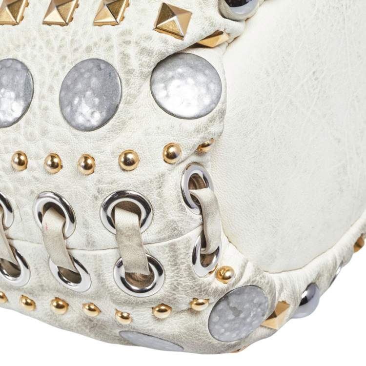 Pre Owned Miu Miu Off White Leather Studded Drawstring Bucket Bag