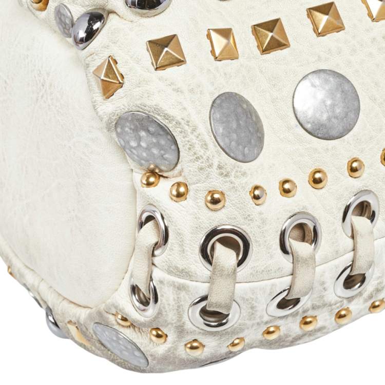 Pre Owned Miu Miu Off White Leather Studded Drawstring Bucket Bag