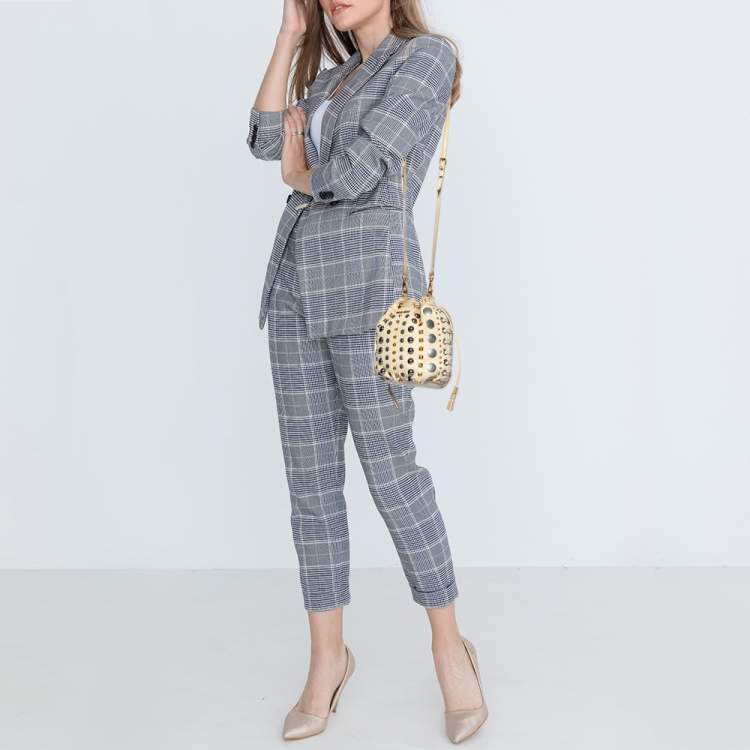 Pre Owned Miu Miu Off White Leather Studded Drawstring Bucket Bag