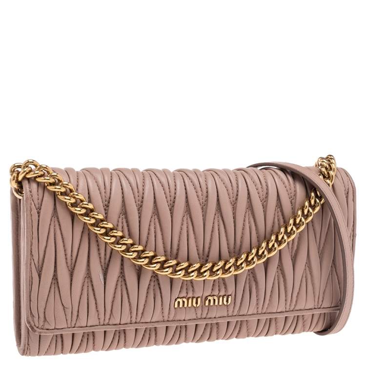 Pre Owned Miu Miu Beige Matelassé Leather Flap Wallet on Chain