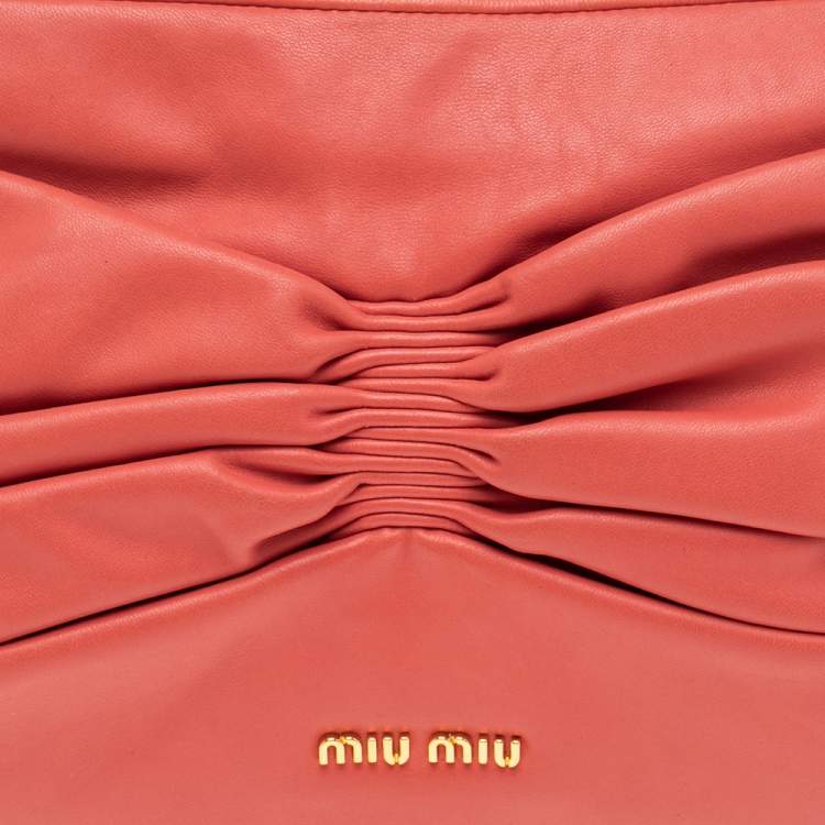 Pre Owned Miu Miu Coral Orange Leather Bow Kiss Lock Clutch