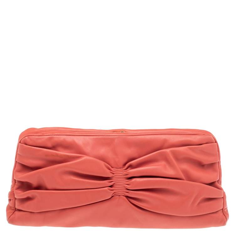 Pre Owned Miu Miu Coral Orange Leather Bow Kiss Lock Clutch