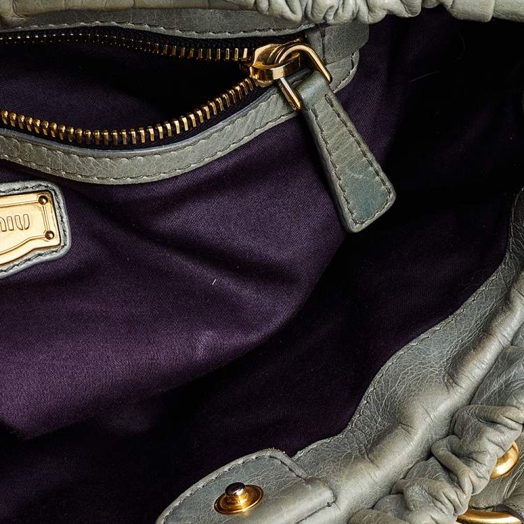 Pre Owned Miu Miu Light Olive Leather Gathered Tote