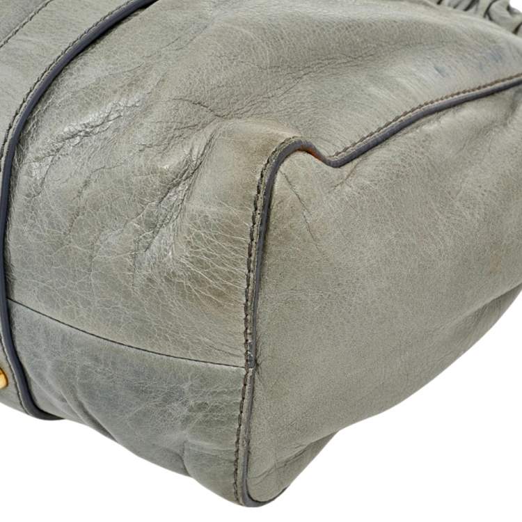 Pre Owned Miu Miu Light Olive Leather Gathered Tote