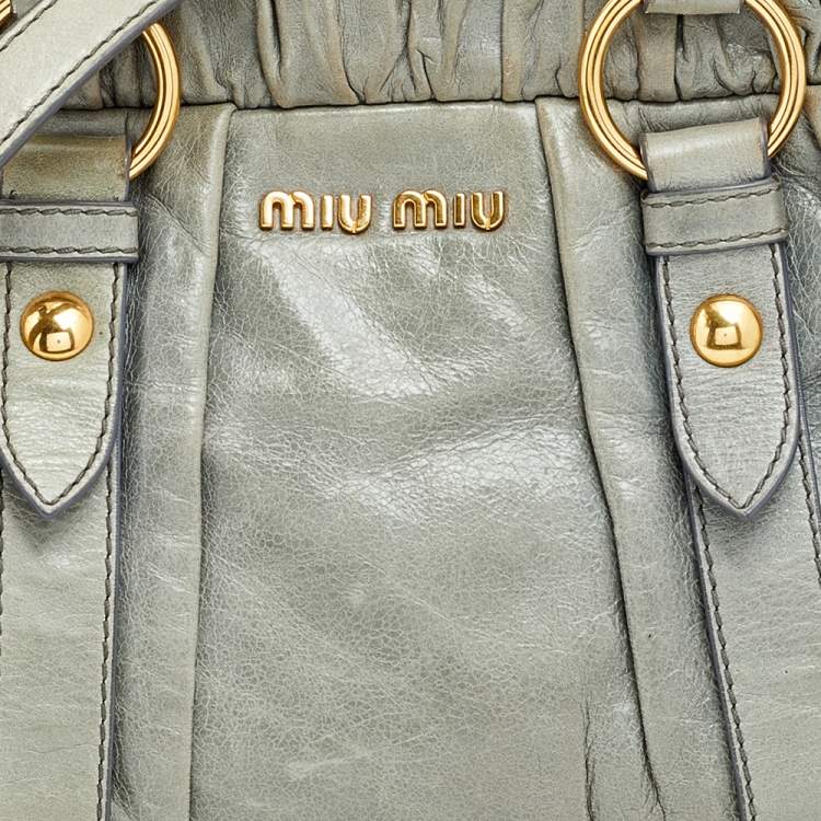 Pre Owned Miu Miu Light Olive Leather Gathered Tote
