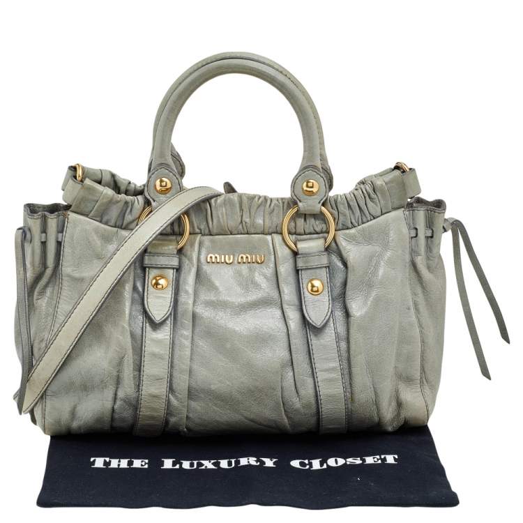 Pre Owned Miu Miu Light Olive Leather Gathered Tote