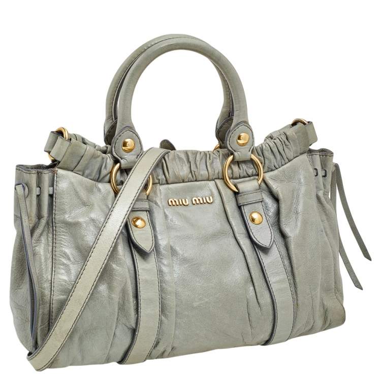 Pre Owned Miu Miu Light Olive Leather Gathered Tote