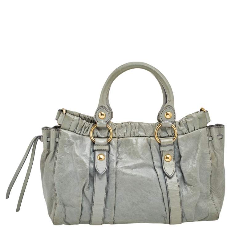 Pre Owned Miu Miu Light Olive Leather Gathered Tote