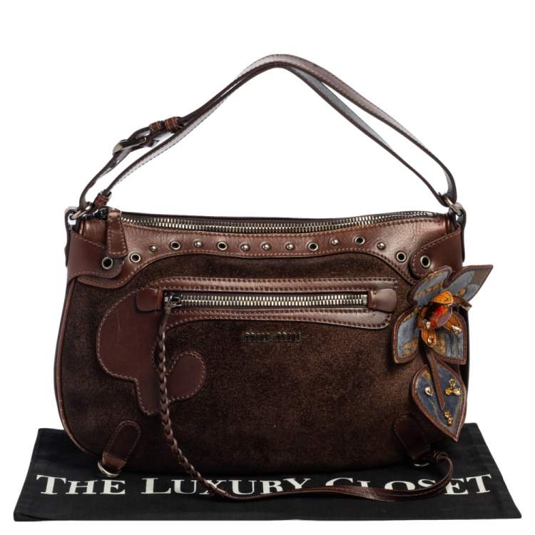 مملوكة مسبقًا Miu Miu Brown Suede and Leather Floral Applique Western Hobo