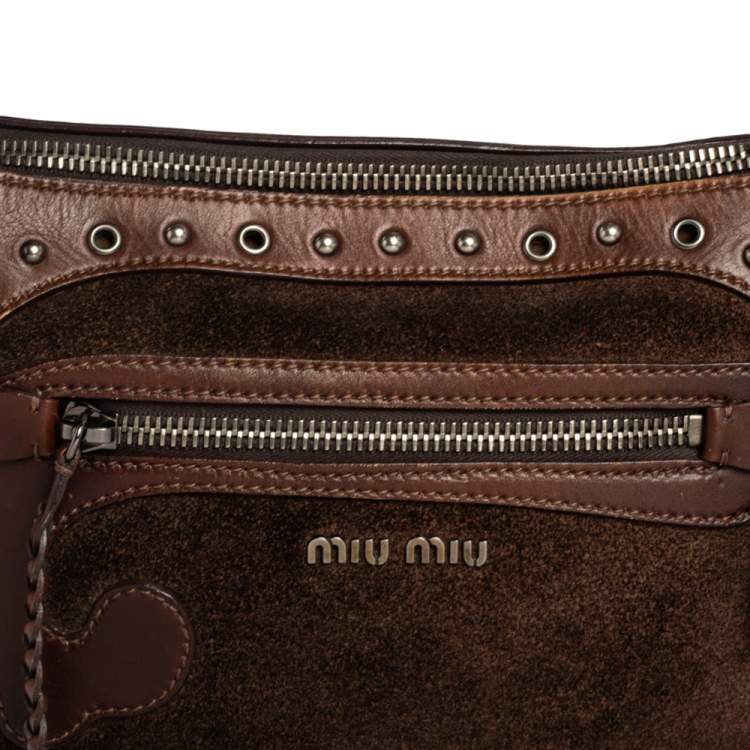 مملوكة مسبقًا Miu Miu Brown Suede and Leather Floral Applique Western Hobo