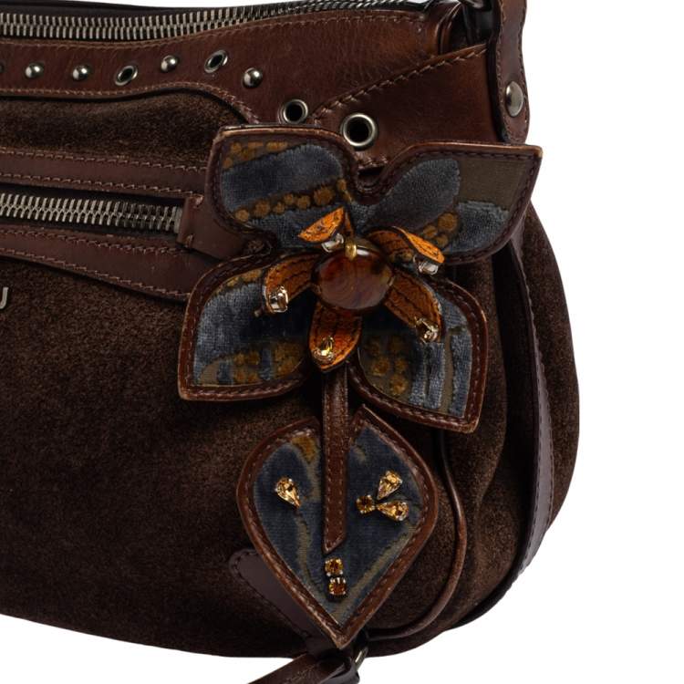 مملوكة مسبقًا Miu Miu Brown Suede and Leather Floral Applique Western Hobo