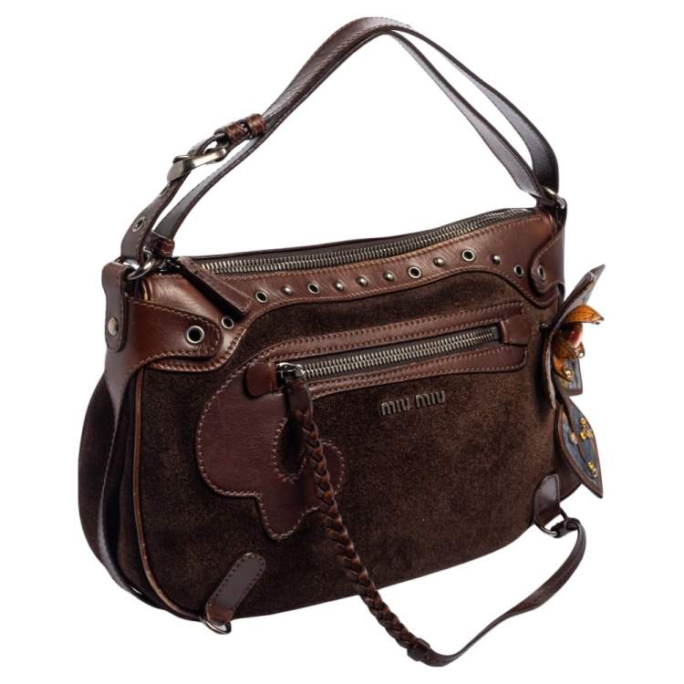 مملوكة مسبقًا Miu Miu Brown Suede and Leather Floral Applique Western Hobo
