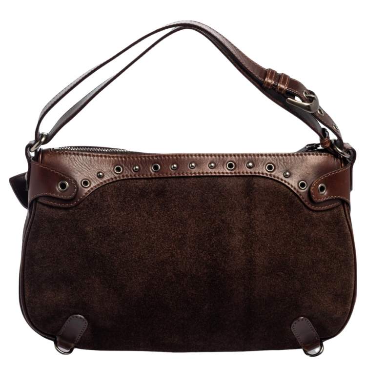 مملوكة مسبقًا Miu Miu Brown Suede and Leather Floral Applique Western Hobo