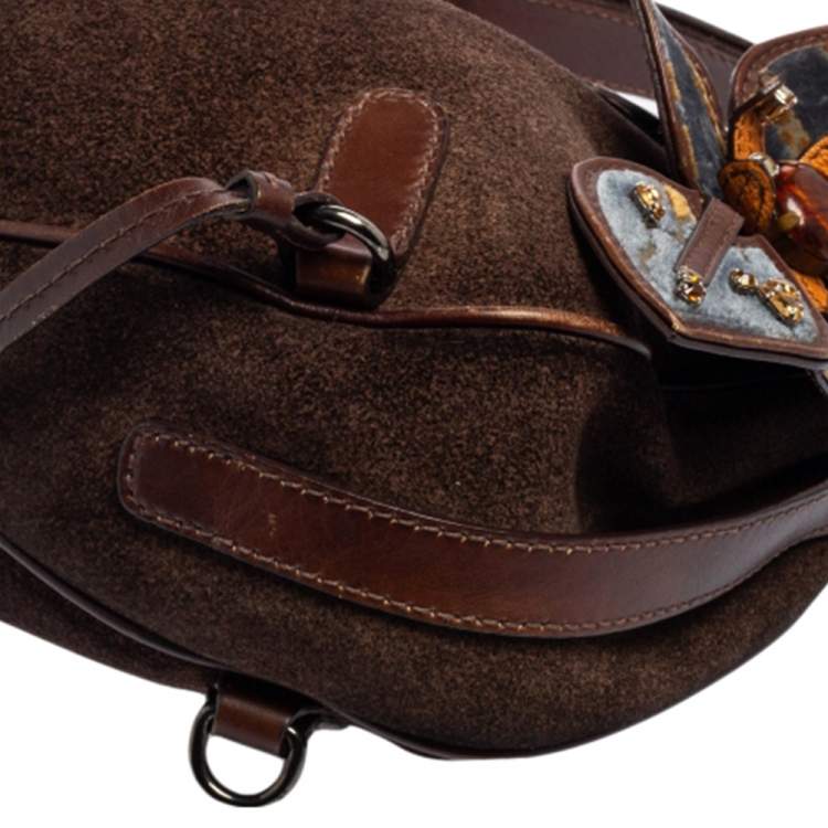 مملوكة مسبقًا Miu Miu Brown Suede and Leather Floral Applique Western Hobo