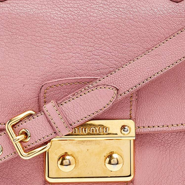 Pre Owned Miu Miu Pink Madras Leather Pushlock Top Handle Bag