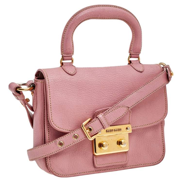 Pre Owned Miu Miu Pink Madras Leather Pushlock Top Handle Bag