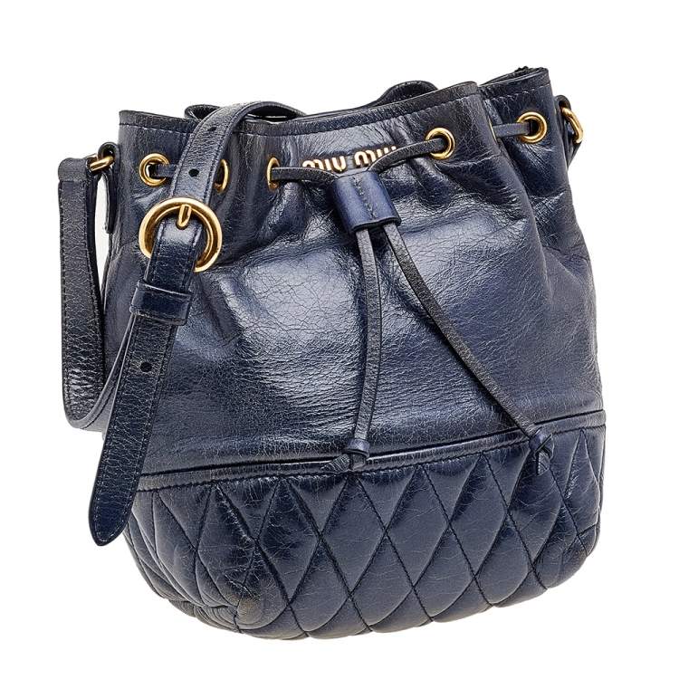 Pre Owned Miu Miu Blue Vitello Shine Leather Drawstring Bucket Bag