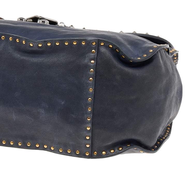 Pre Owned Miu Miu Navy Blue/Brown Leather Studded Chain Shoulder Bag