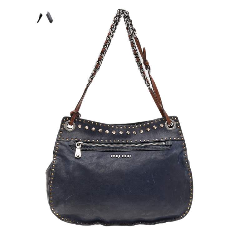 Pre Owned Miu Miu Navy Blue/Brown Leather Studded Chain Shoulder Bag