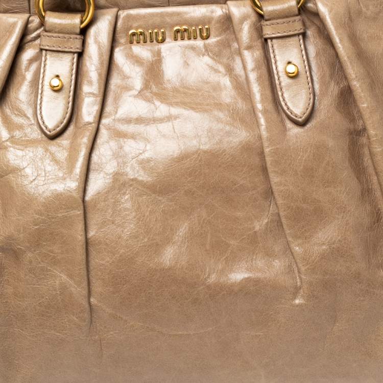 Pre Owned Miu Miu Beige Leather Gathered Tote