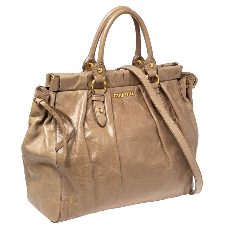 Pre Owned Miu Miu Beige Leather Gathered Tote