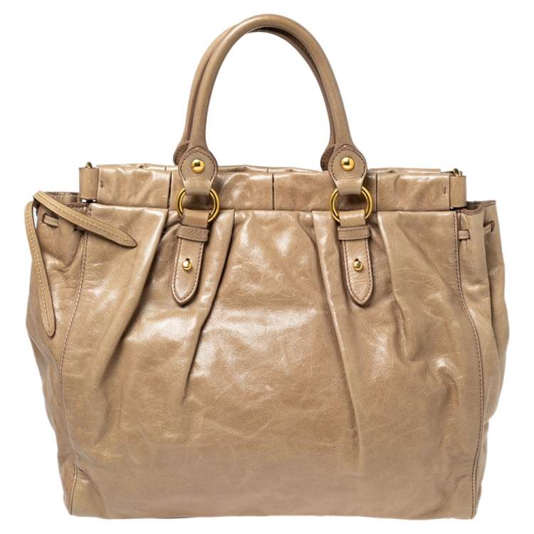 Pre Owned Miu Miu Beige Leather Gathered Tote