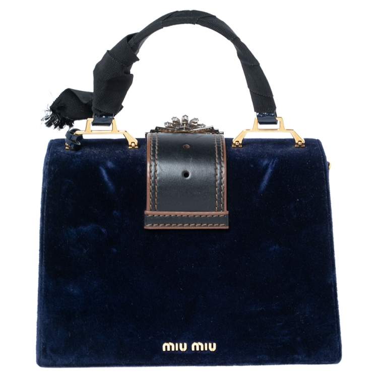 Pre Owned Miu Miu Blue Velvet Crystal Embellished Buckle Flap Top Handle Bag