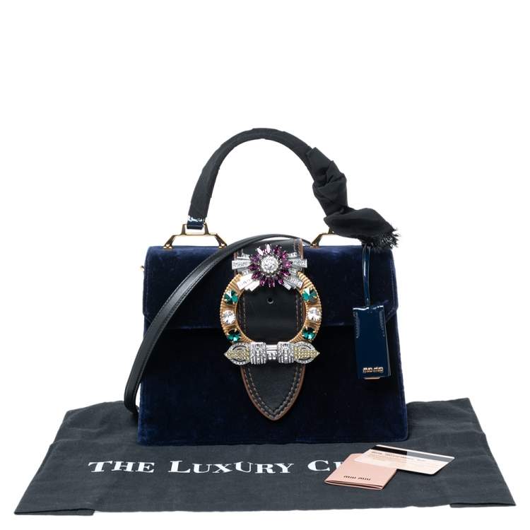 Pre Owned Miu Miu Blue Velvet Crystal Embellished Buckle Flap Top Handle Bag