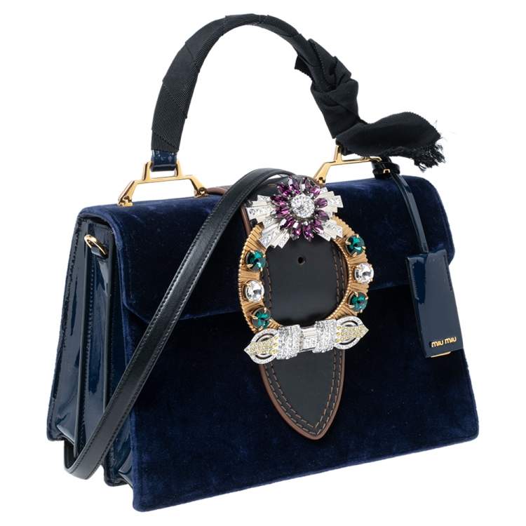 Pre Owned Miu Miu Blue Velvet Crystal Embellished Buckle Flap Top Handle Bag