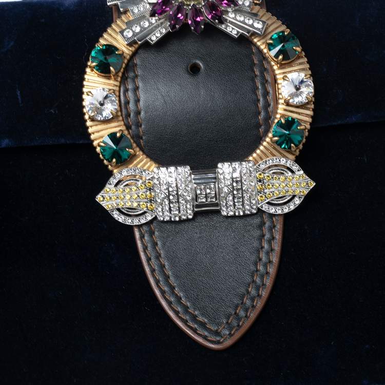 Pre Owned Miu Miu Blue Velvet Crystal Embellished Buckle Flap Top Handle Bag