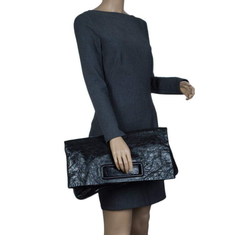 Pre Owned  Miu Miu Black Glazed Distressed Leather Oversized Clutch