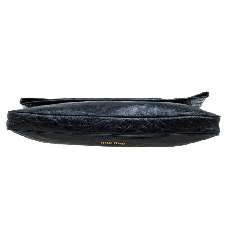 Pre Owned  Miu Miu Black Glazed Distressed Leather Oversized Clutch