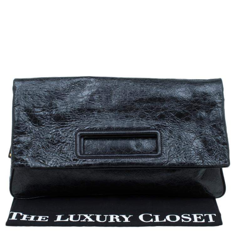 Pre Owned  Miu Miu Black Glazed Distressed Leather Oversized Clutch