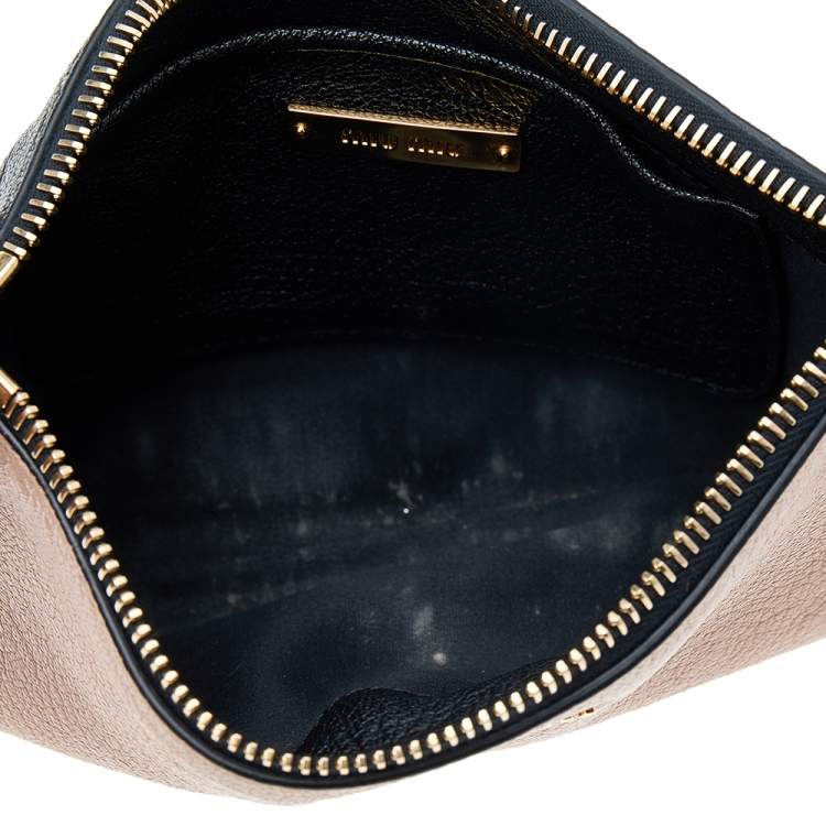 Pre Owned Miu Miu Beige/Black Madras Leather Wristlet Clutch