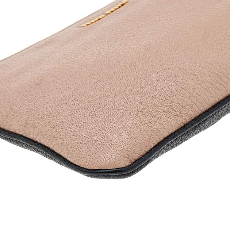Pre Owned Miu Miu Beige/Black Madras Leather Wristlet Clutch