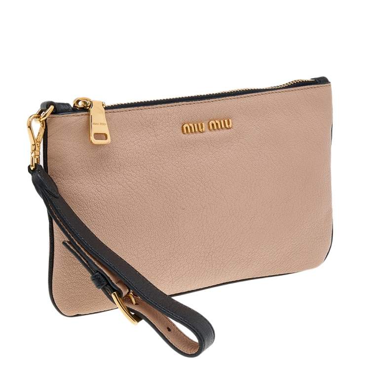 Pre Owned Miu Miu Beige/Black Madras Leather Wristlet Clutch