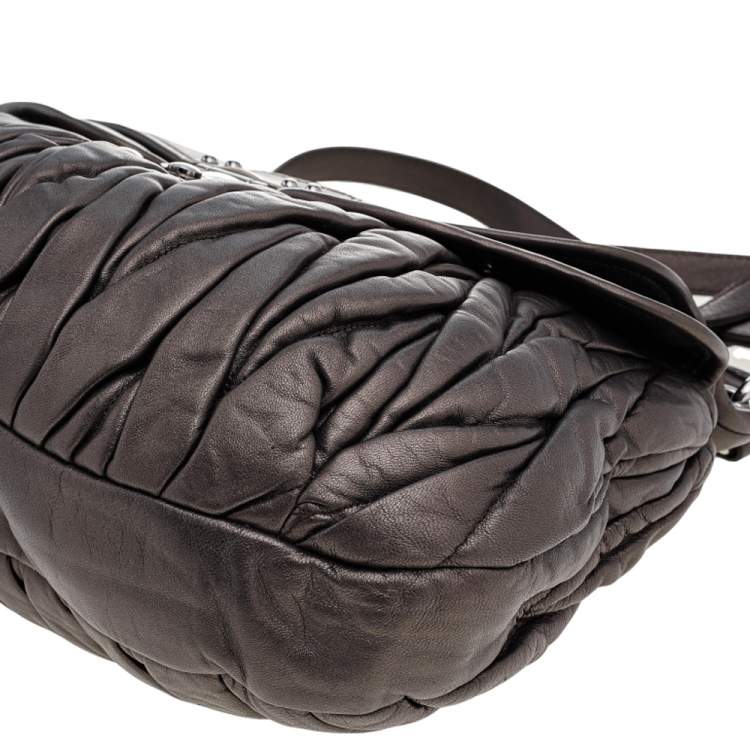 Pre Owned Miu Miu Metallic Dark Grey Matelassé Lux Leather Coffer Hobo