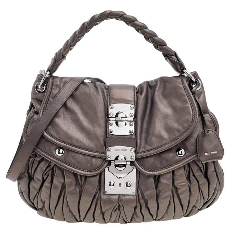 Pre Owned Miu Miu Metallic Dark Grey Matelassé Lux Leather Coffer Hobo
