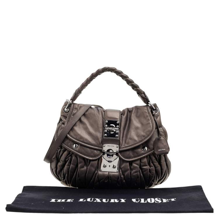 Pre Owned Miu Miu Metallic Dark Grey Matelassé Lux Leather Coffer Hobo