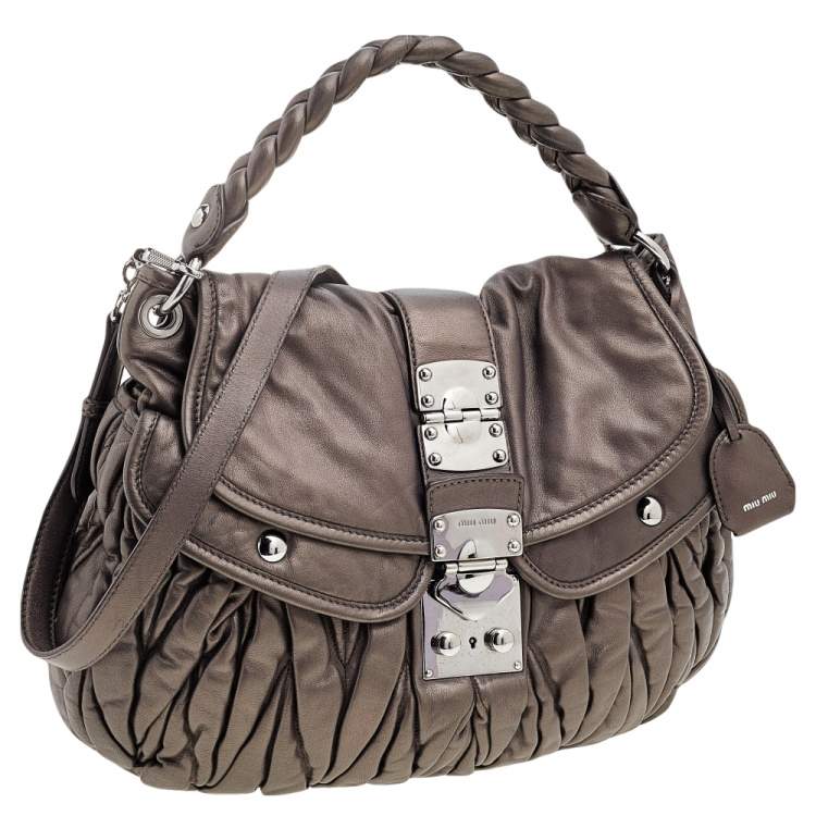 Pre Owned Miu Miu Metallic Dark Grey Matelassé Lux Leather Coffer Hobo