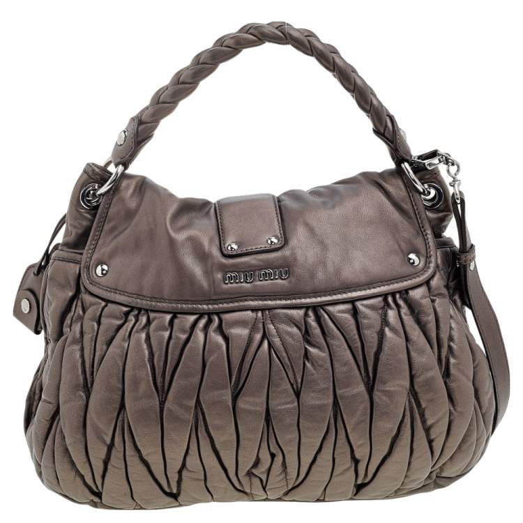 Pre Owned Miu Miu Metallic Dark Grey Matelassé Lux Leather Coffer Hobo