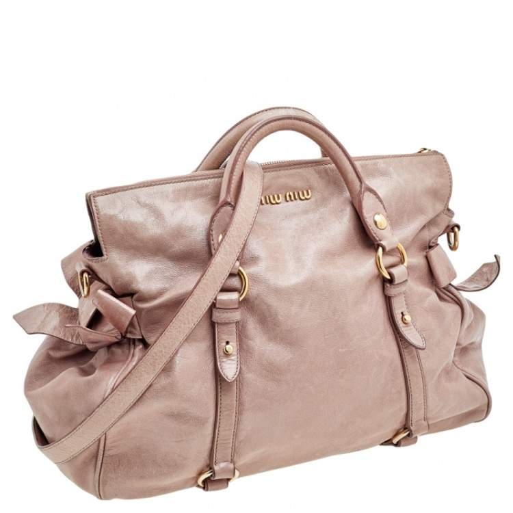 Pre Owned Miu Miu Beige Vitello Lux Leather Large Bow Satchel